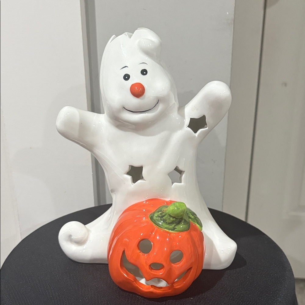 White Ghost and Orange Pumpkin Tealight  Candle Holder 9in X 7in Good condition